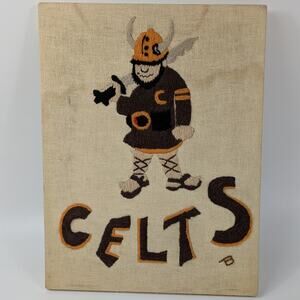 Handmade CELTS Viking Mascot Embroidery Wall Art Brown Gold Linen Signed 17"x13"